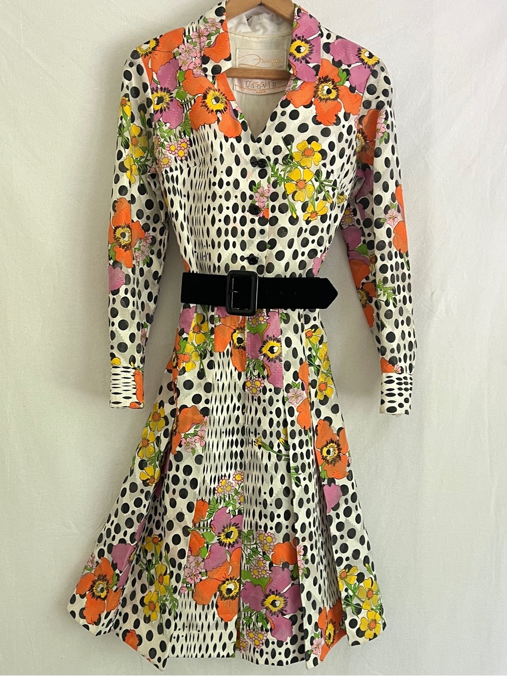 Rare 60s Lanvin Paris Mod Print dress pleated floral silk jacquard luxury VTG